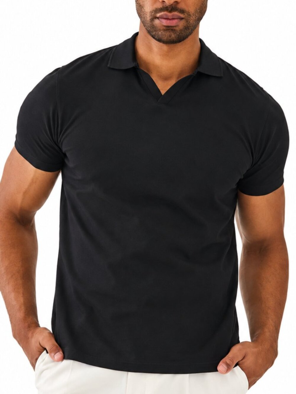 PATRICK ASSARAF Pima Cotton Stretch Open Polo Shirt Black XL Short Sleeve Peru